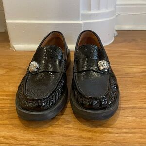 Ganni Black Crinkled Patent Leather Loafer Size 40